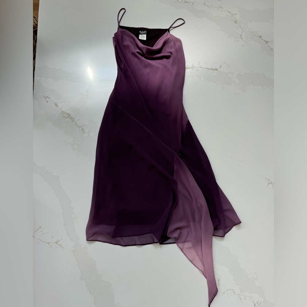 Helen Blake dress. Purple ombré chiffon w/ asymmetrical hem & cowl neckline